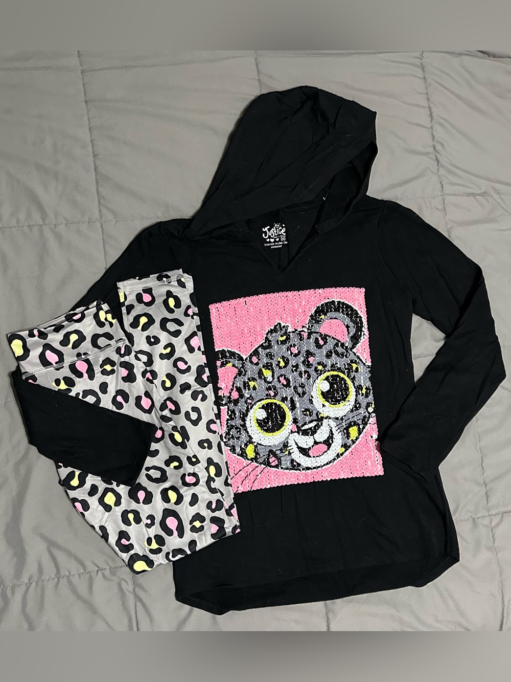 NWOT Justice Hoodie Top with Pink Sequin Leopard & Leopard-Print Leggings Sz 20